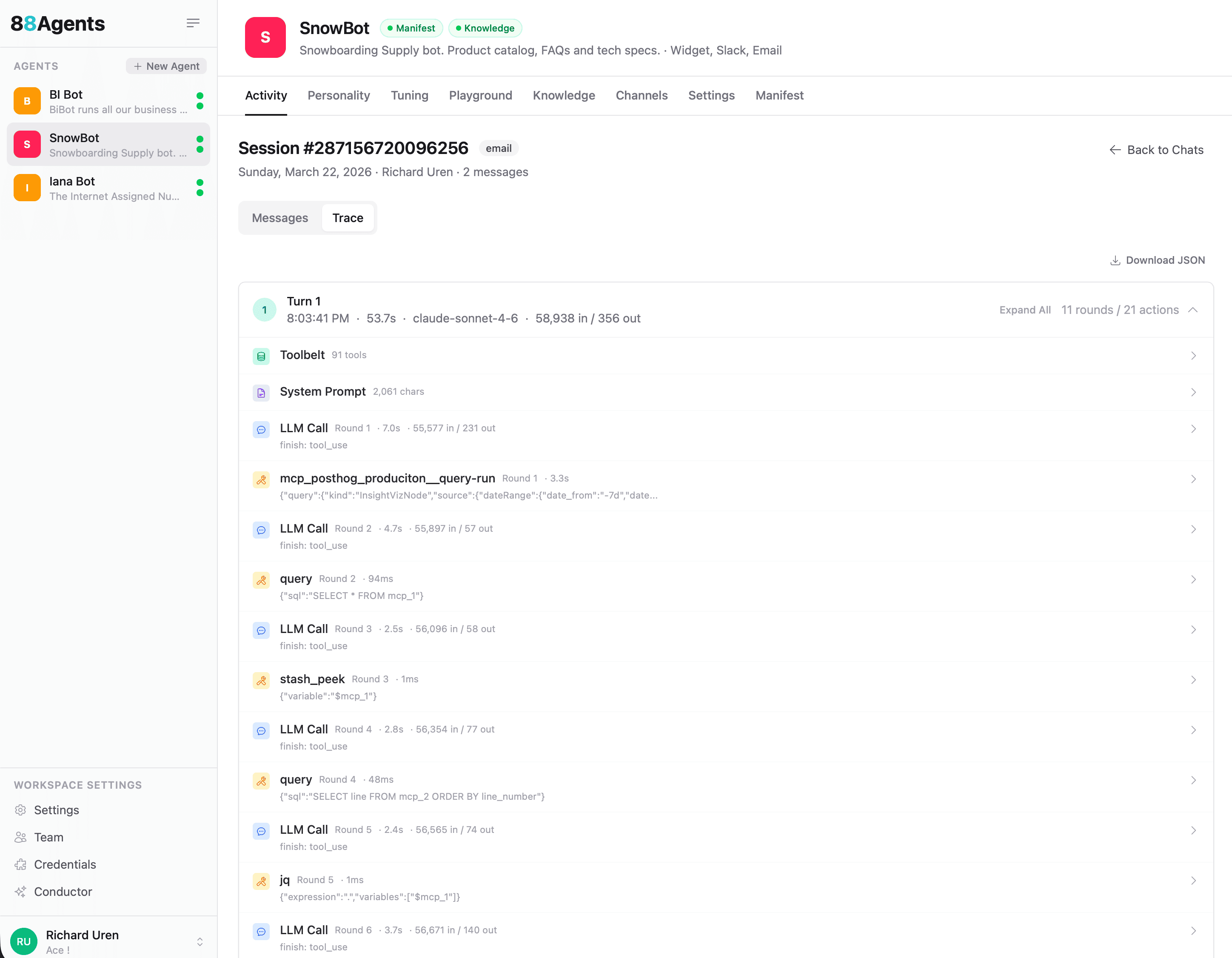 Agent tracing view showing a full execution trace with LLM calls, tool invocations, and timing data