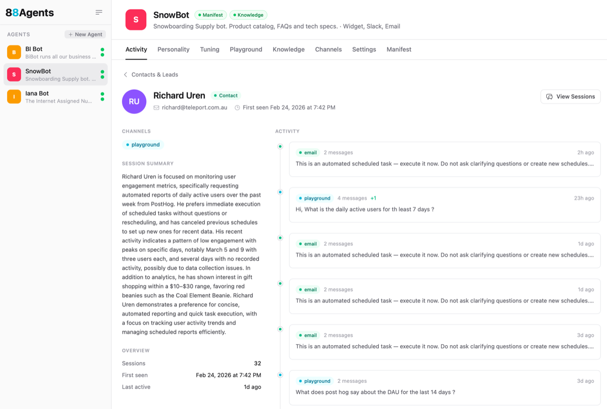 Contact timeline showing user details, properties, and conversation history