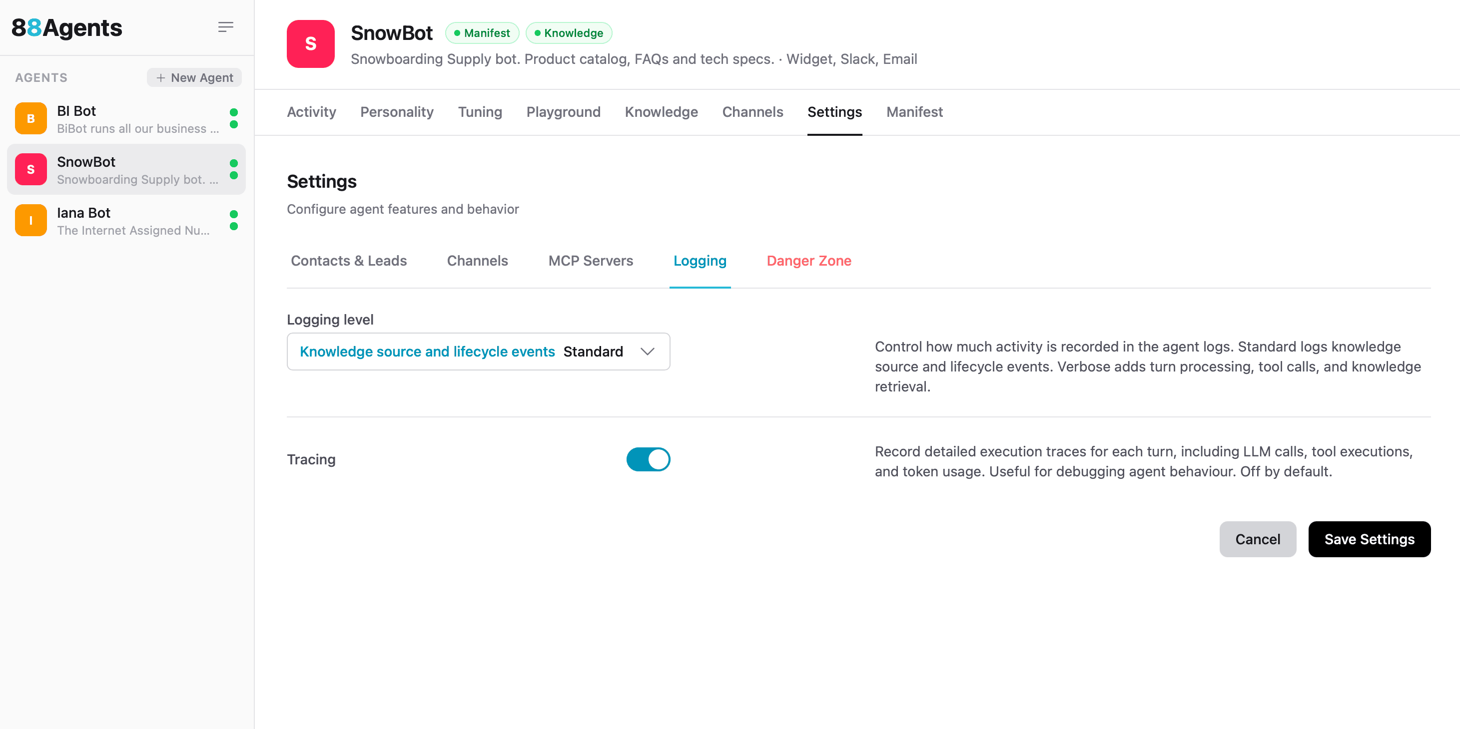 Enabling tracing in Settings > Logging