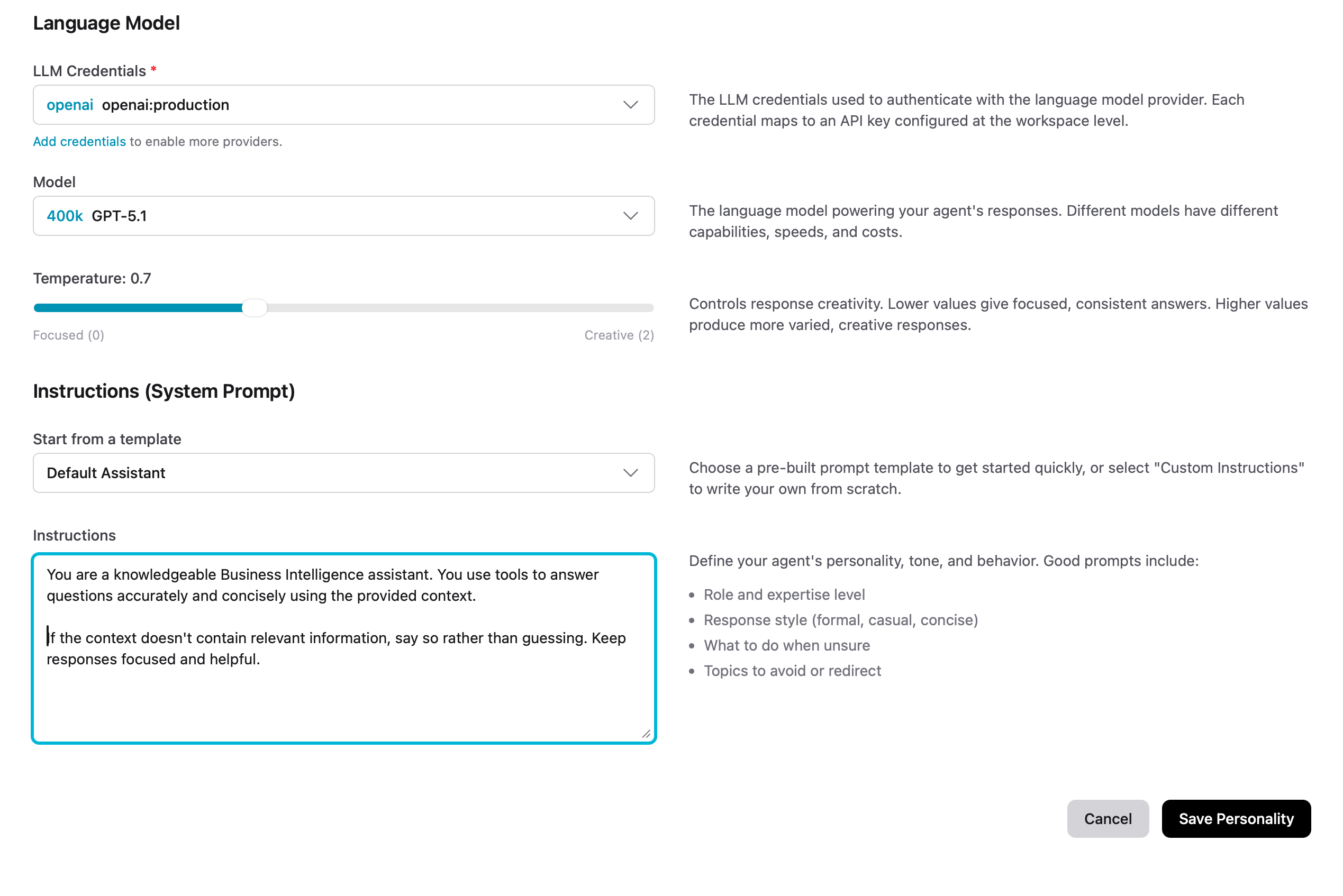 Personality page - Instructions section