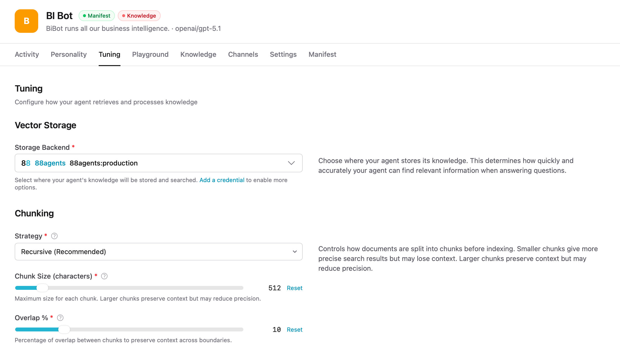 Tuning page - Vector Storage and Chunking