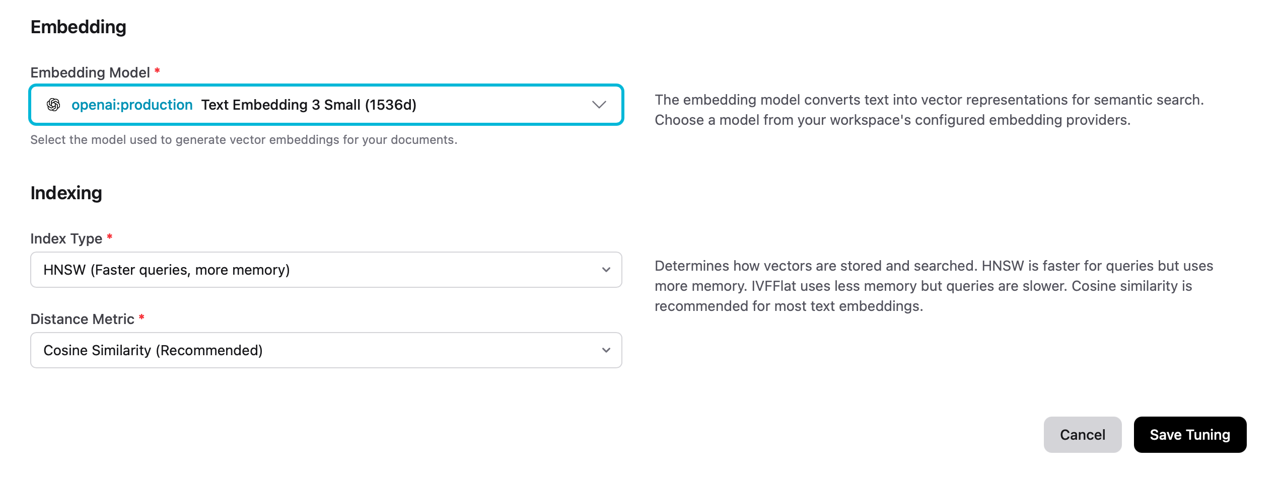 Tuning page - Embedding and Indexing