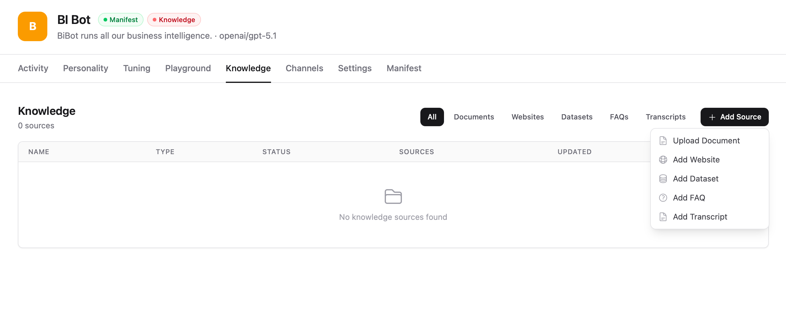 Knowledge page with Add Source menu
