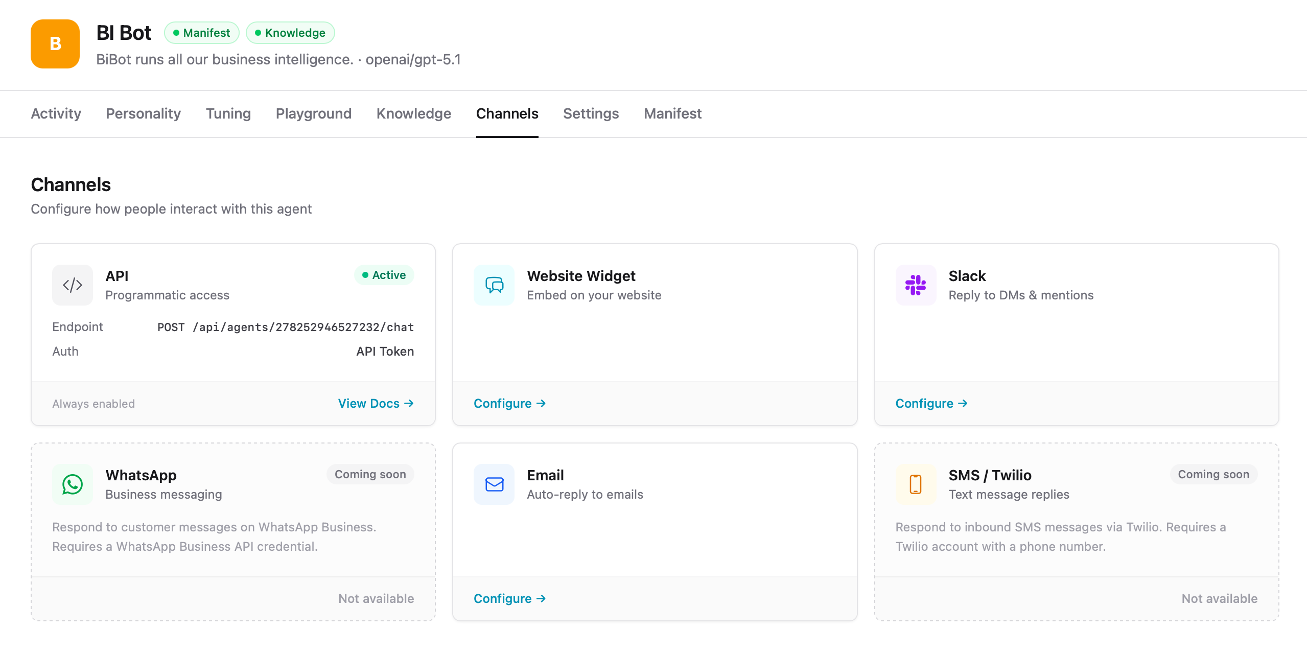 Channels page showing available channel options
