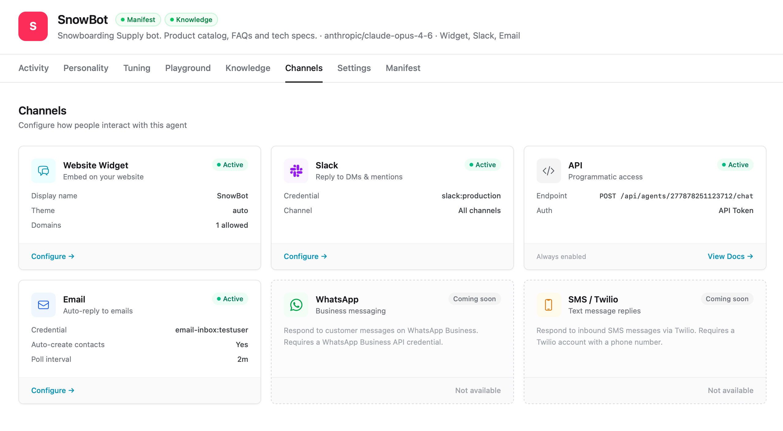 Channels overview showing available channel types