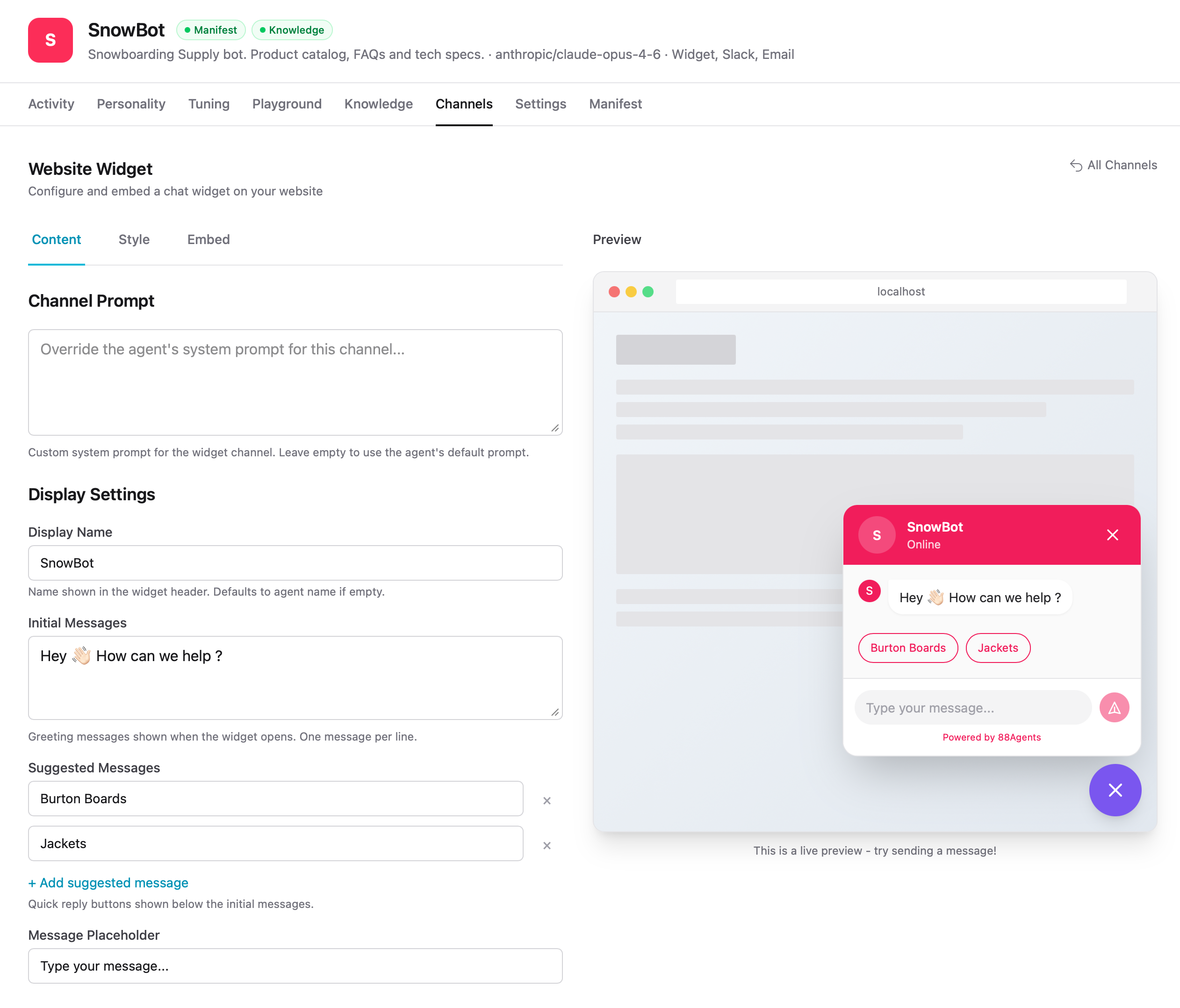 Web Widget content settings with live preview