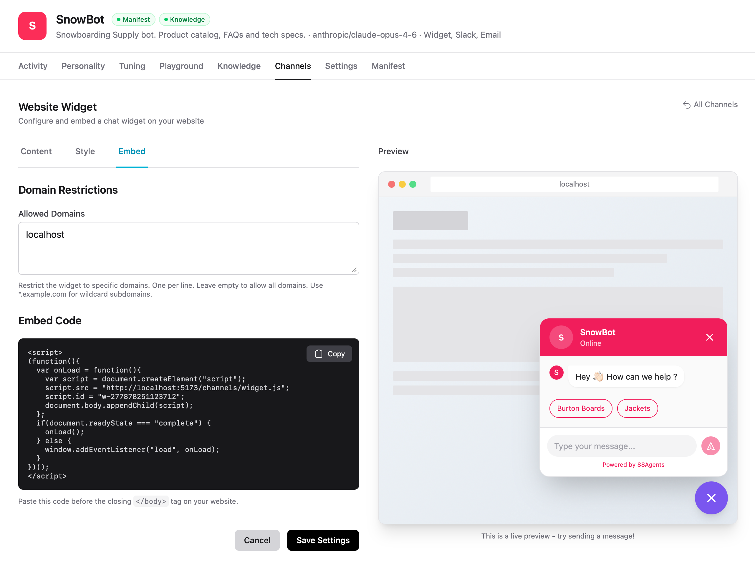 Web Widget embed settings with domain restrictions and embed code