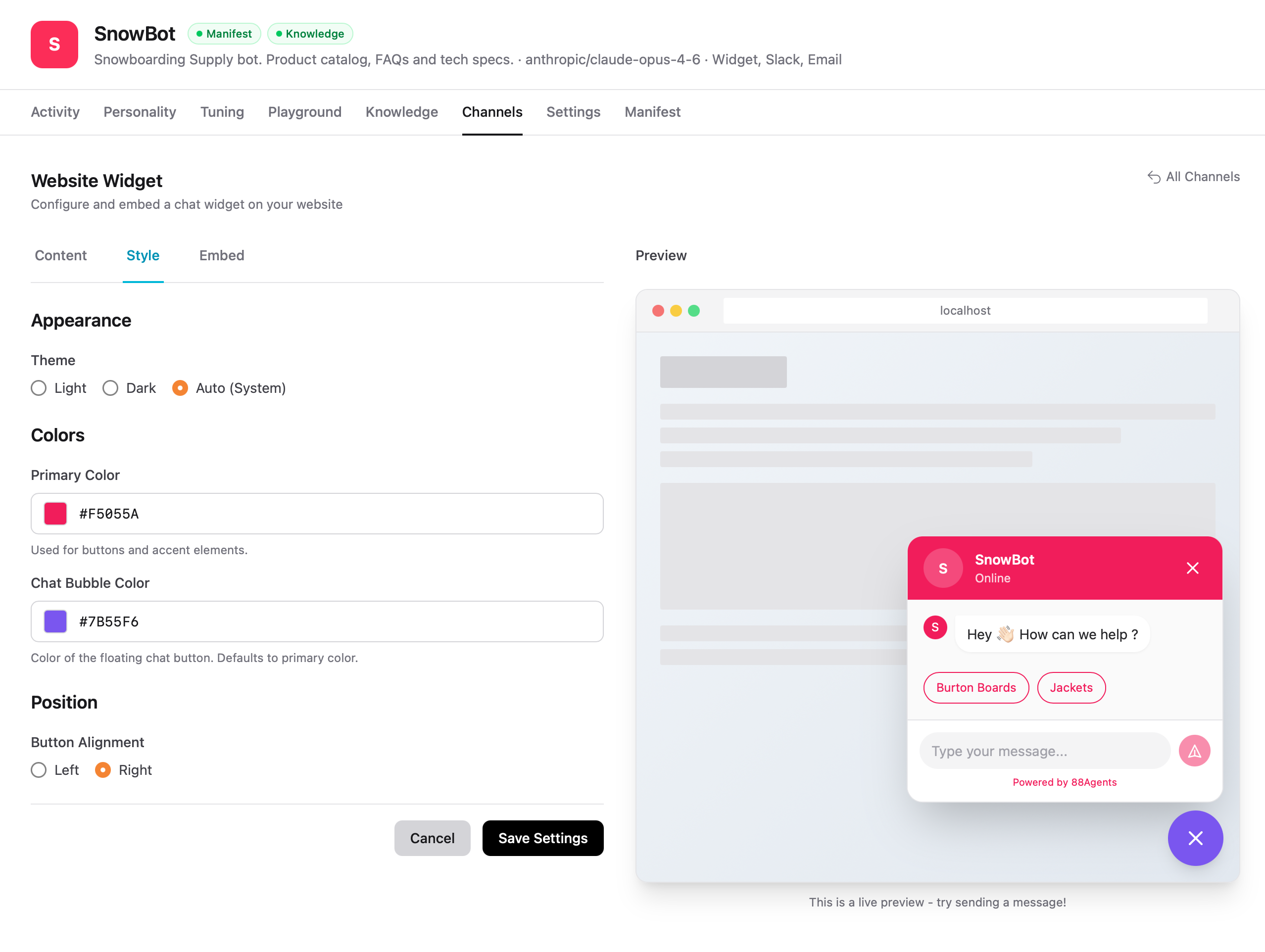 Web Widget style settings for theme, colors, and position