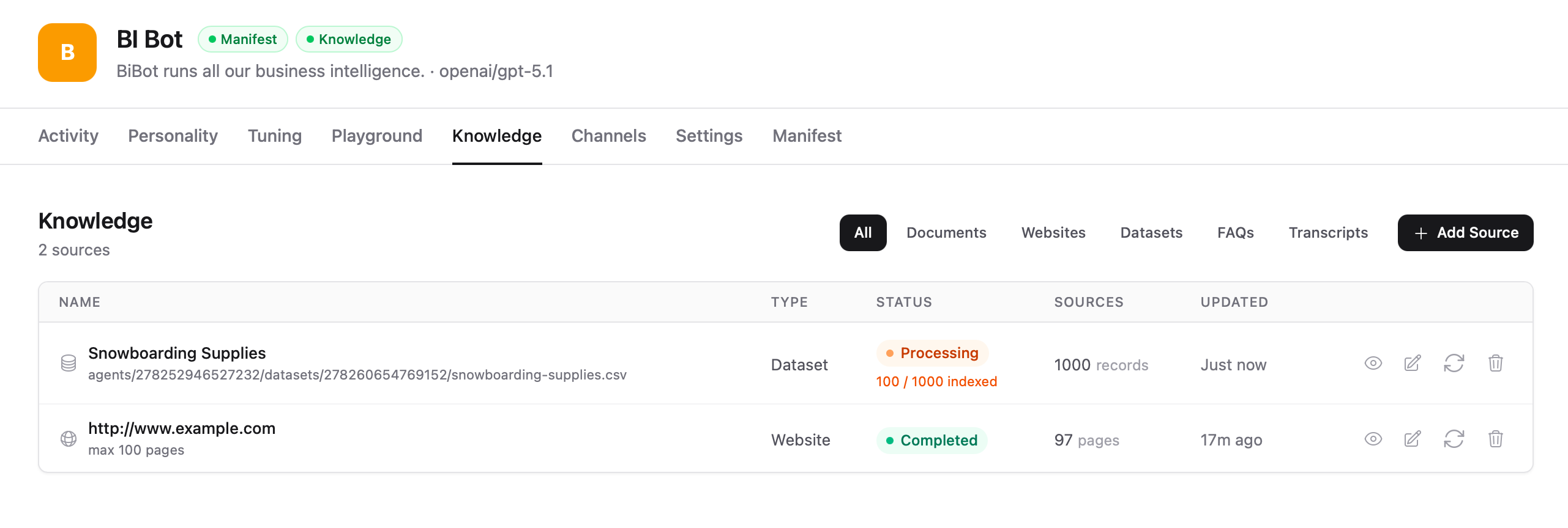 Knowledge sources list showing processing status