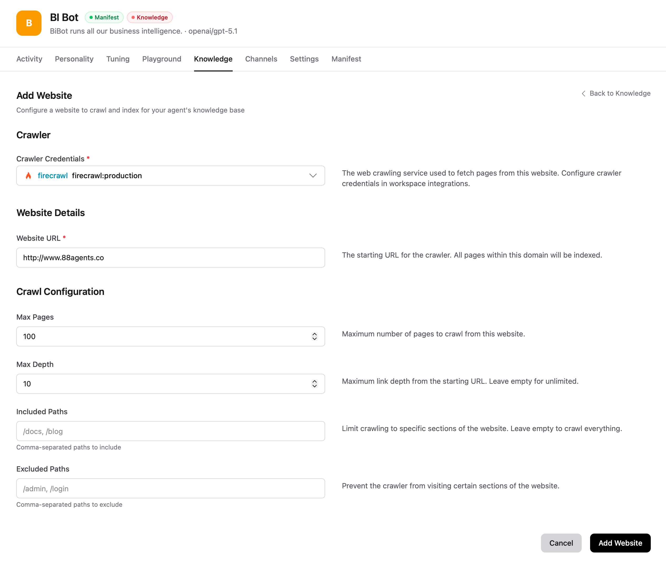 Add Website form with crawler configuration