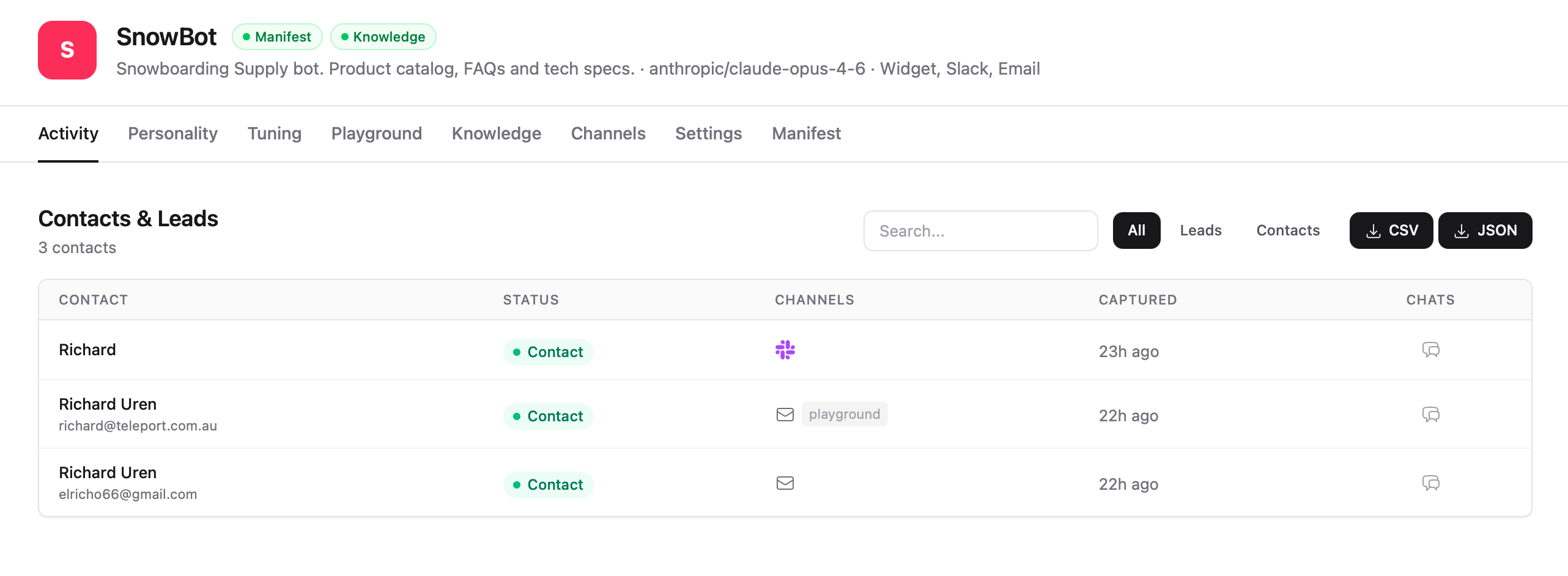 Contacts & Leads list with search, filters, and export options