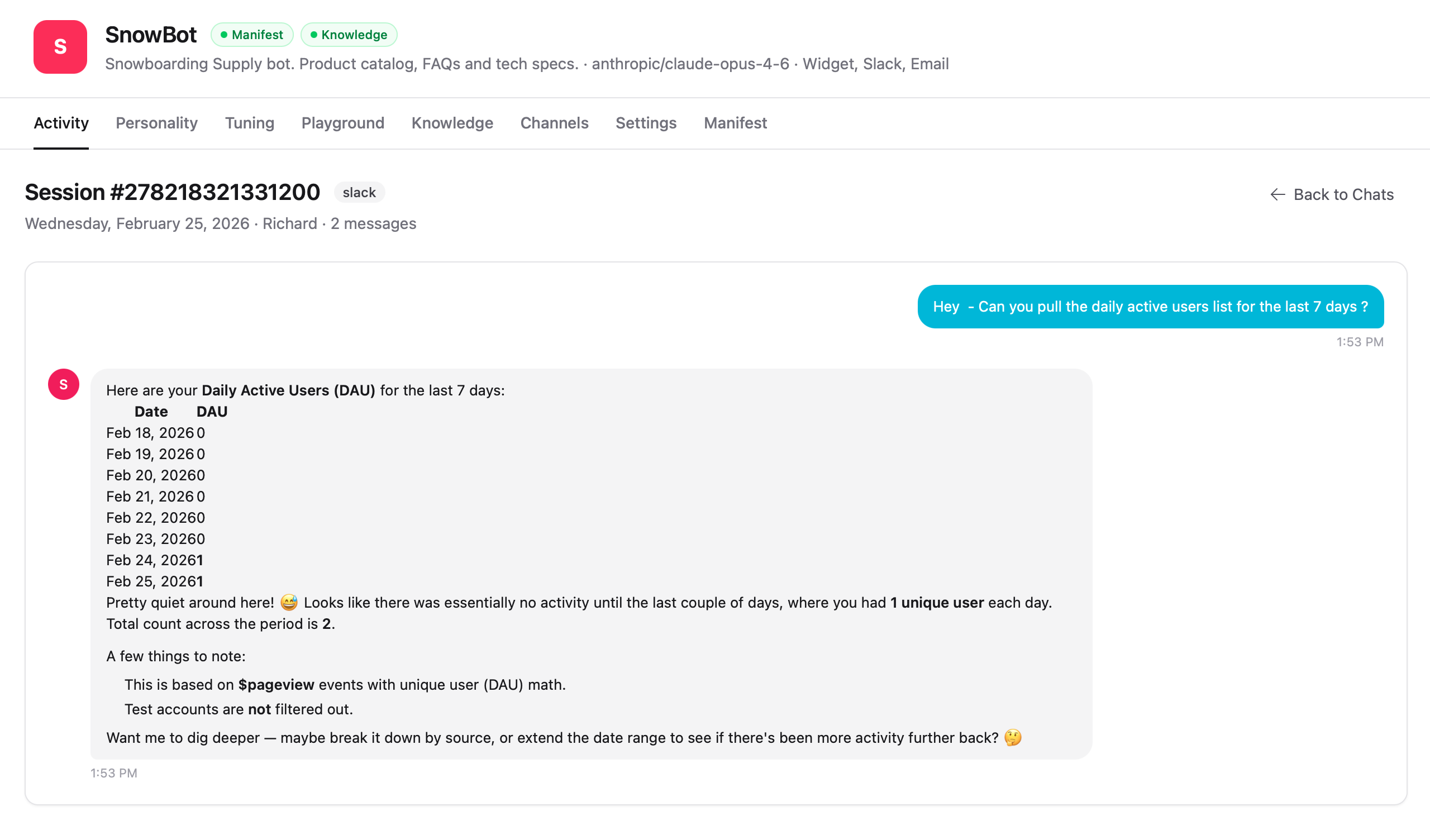 Session detail view showing a full conversation transcript