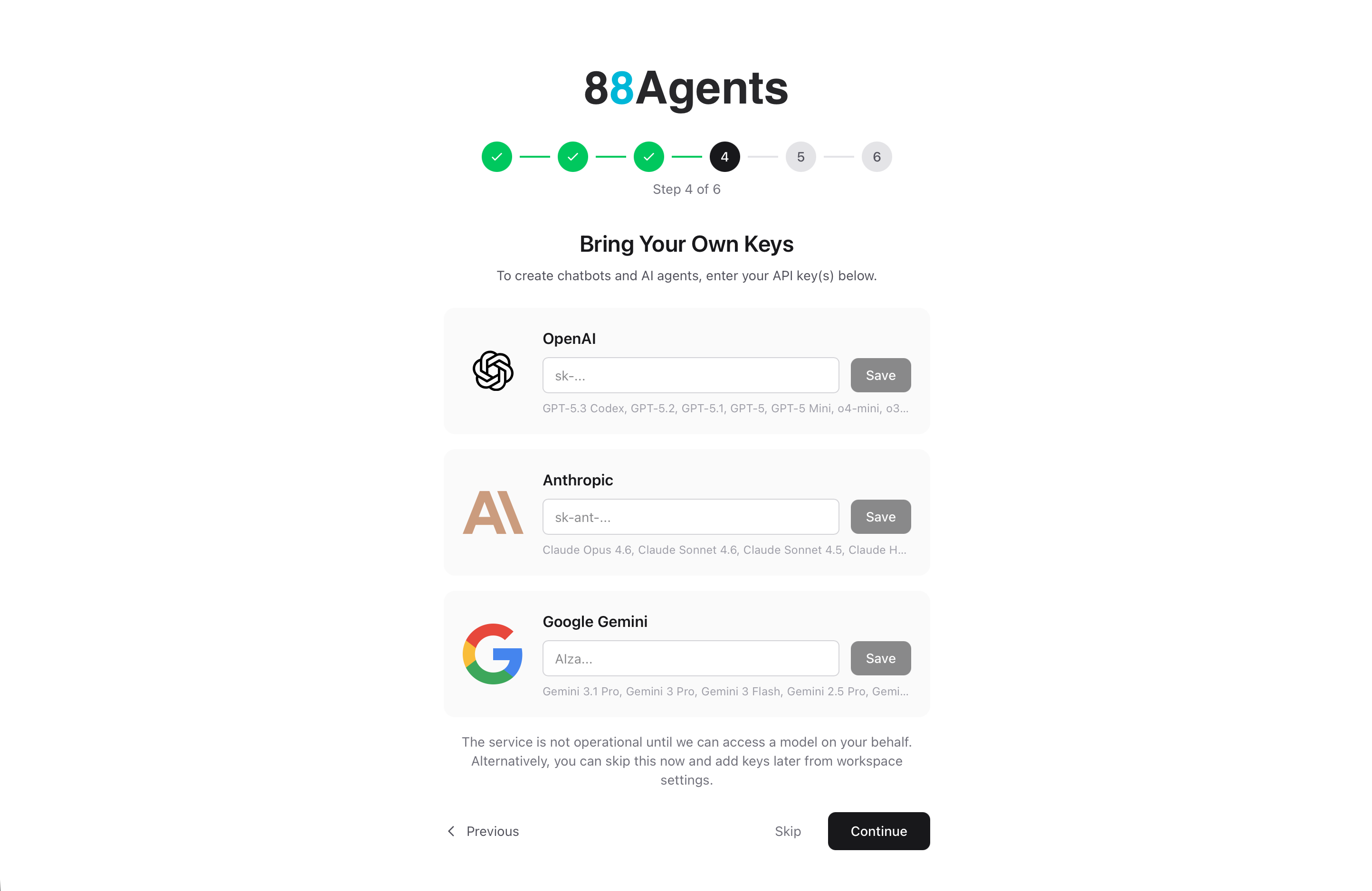 Bring Your Own Keys Screen