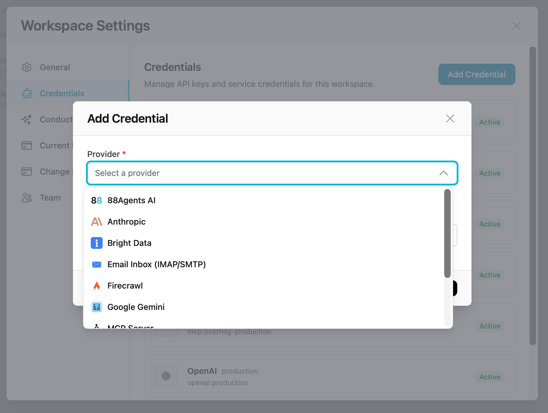 Add Credential dialog with provider dropdown
