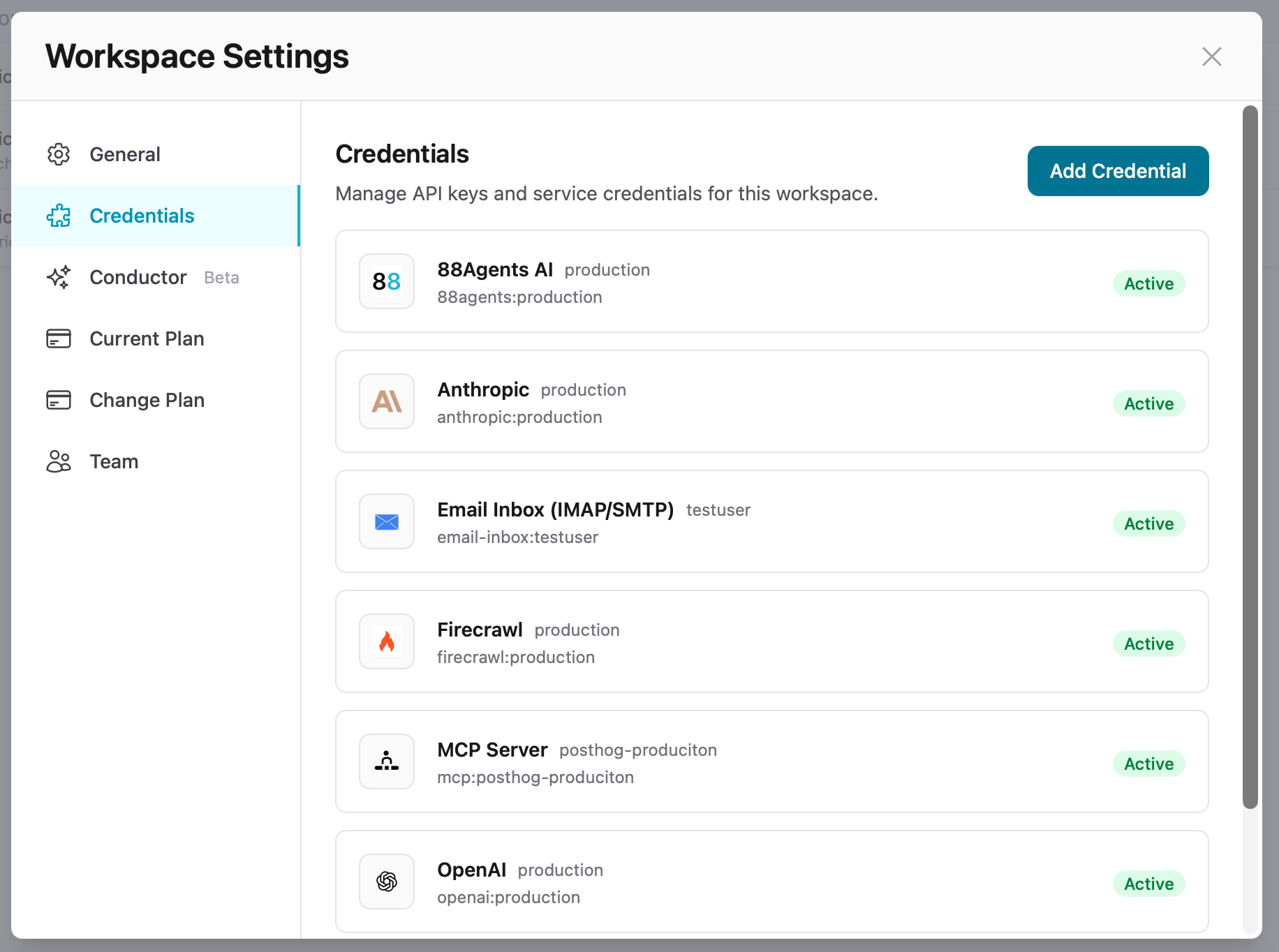 Credentials list showing configured providers