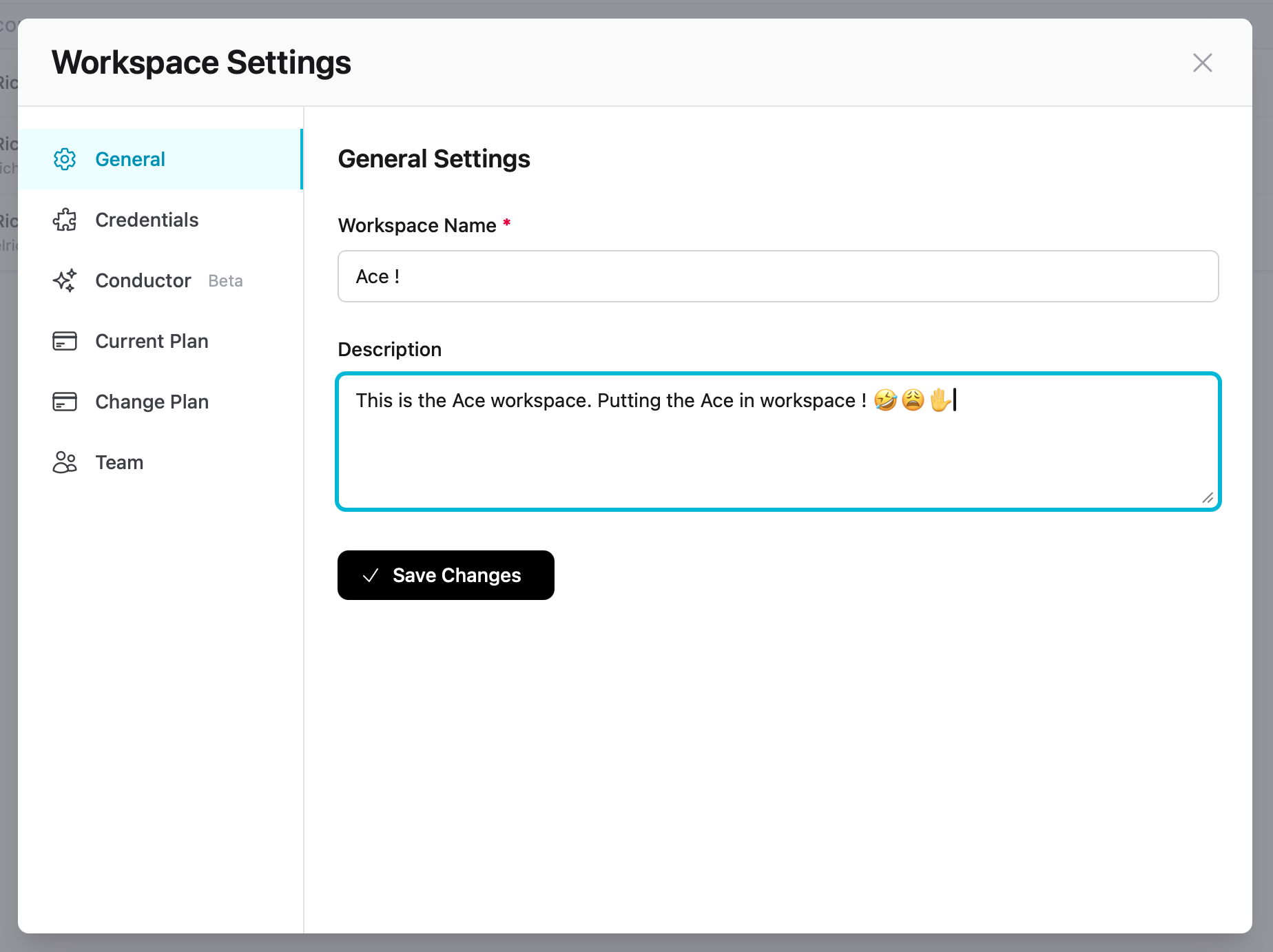 General settings with workspace name and description