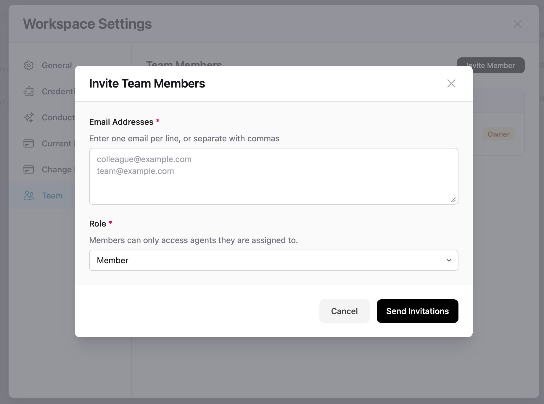 Invite Team Members dialog with email input and role selector