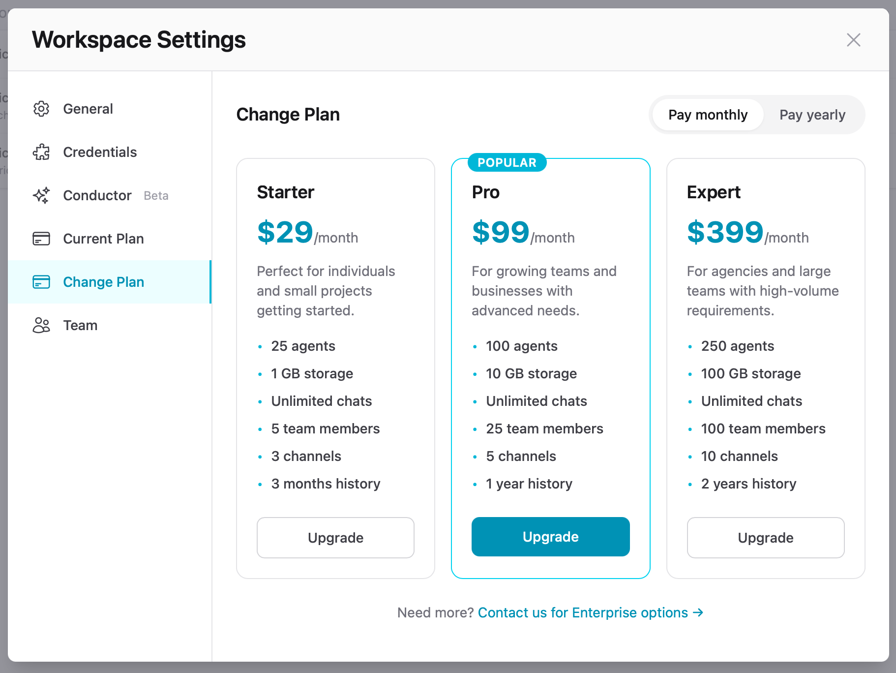 Change Plan showing Starter, Pro, and Expert tiers