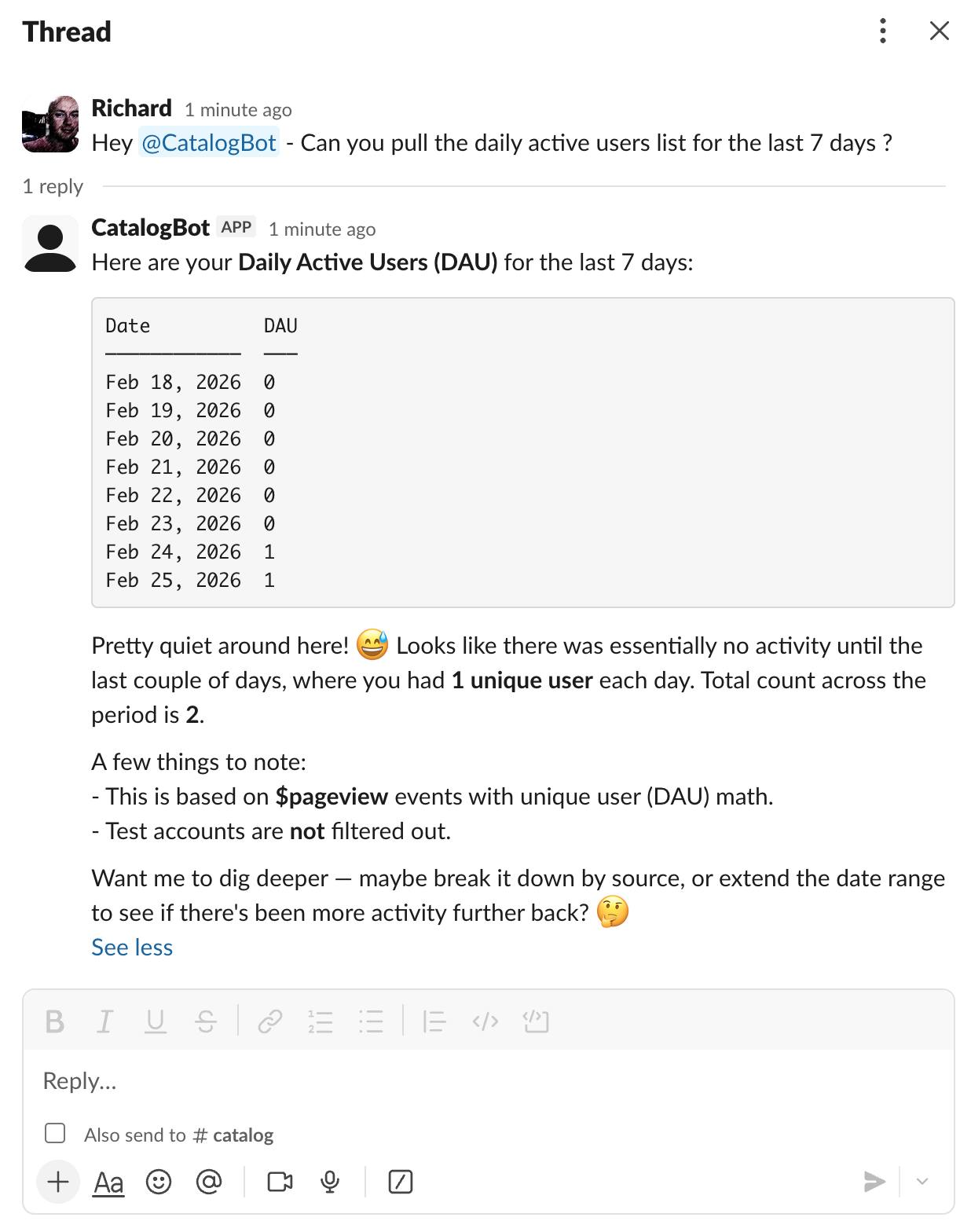 Slack thread showing a BI query for Daily Active Users and the bot's response