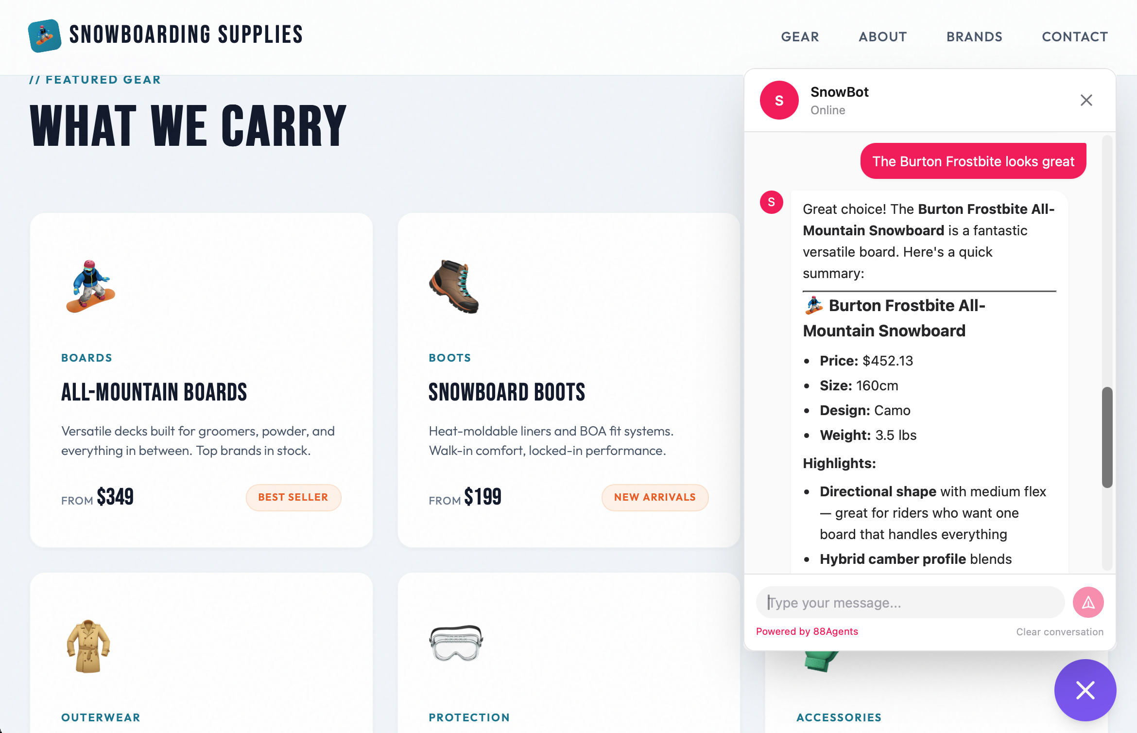 Chat widget on a snowboard shop website